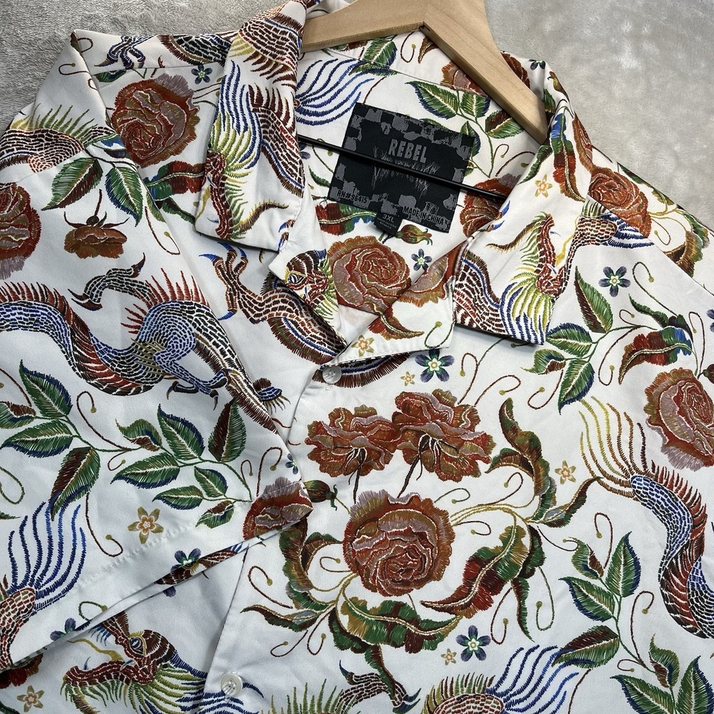 Rebel Vengeance Shirt Mens 3XL Button UP Tapestry Dragon Floral Design